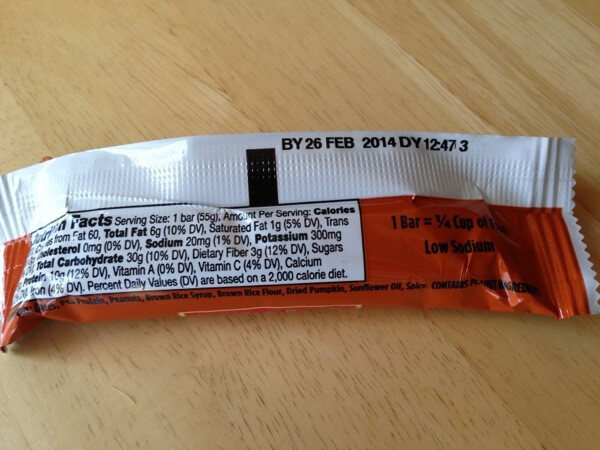 Larabar Alt pumpkin pie nutrition label