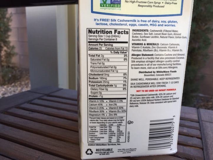 Silk Unsweetened Cashewmilk nutrition panel