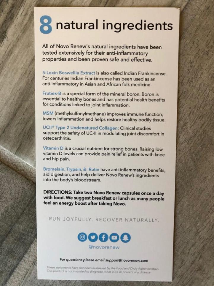Novo Renew has 8 natural ingredients, tested for anti-inflammatory properties.