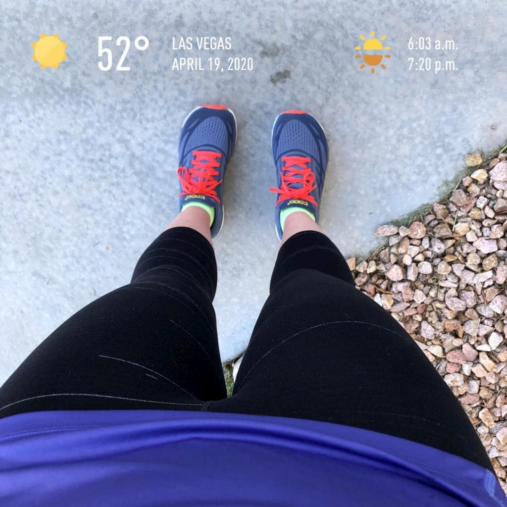 Jill's feet in running shoes on 4/19/2020