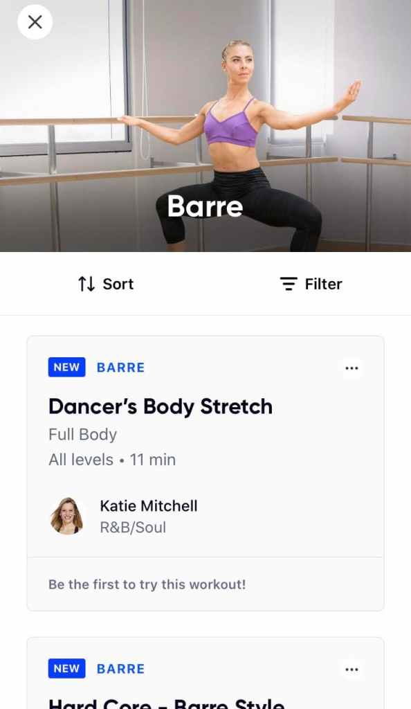 App screenshot of the Aaptiv barre category