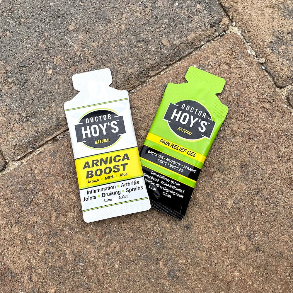 Dr Hoy's sample packets of arnica boost and pain relief gel.