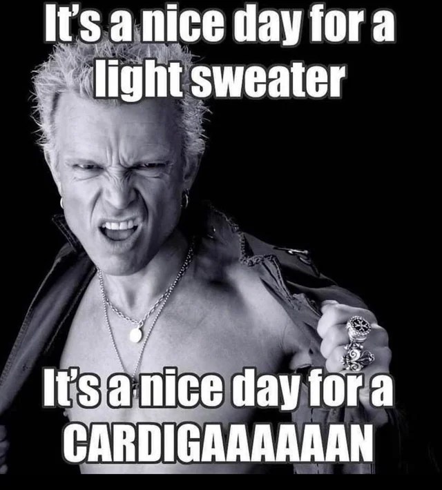 Pic of Billy Idol with the words "It's a nice day for a light sweater, It's a nice day for a Cardigan."