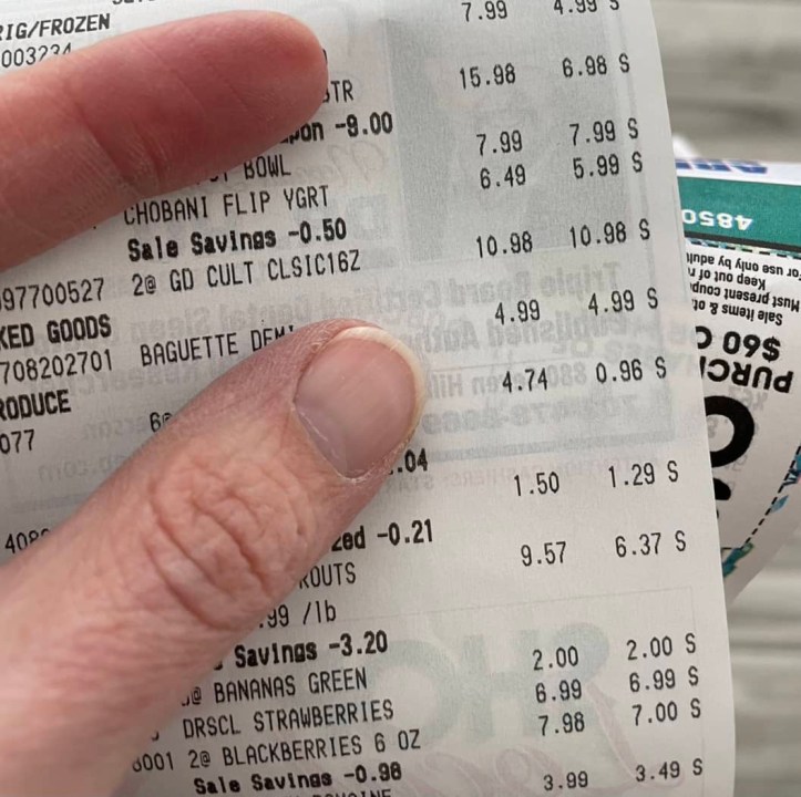 Receipt that says “gd cult” for good culture cottage cheese